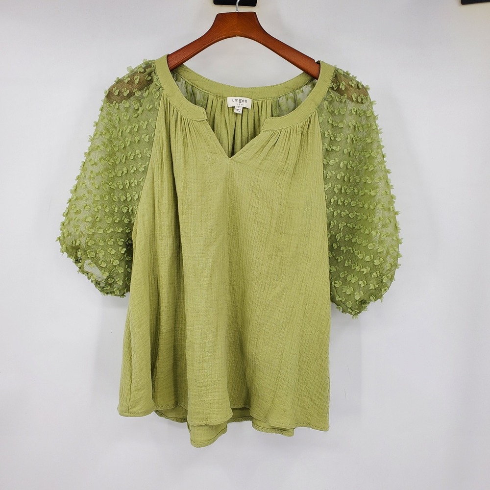 Umgee Sage Green Cotton Gauze Blouse 3D Floral Puff Sheer Sleeve Small Top Boho